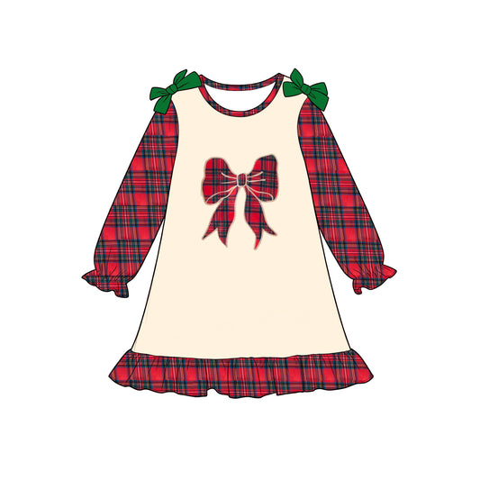 Preorder moq 5 Baby Girls Green Red Checked Bows Ruffle Christmas Knee Length Dress