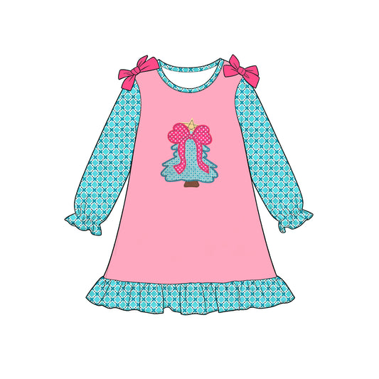 Preorder moq 5 Baby Girls Polka Dots Bow Trees Ruffle Christmas Knee Length Dress