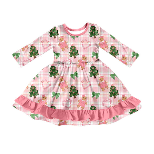 Preorder moq 5 Baby Girls Bow Gingerbread Trees Ruffle Christmas Knee Length Dress