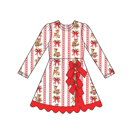 Preorder moq 5 Baby Girls Deer Bows Stripe Christmas Bows Scallop Knee Length Dress