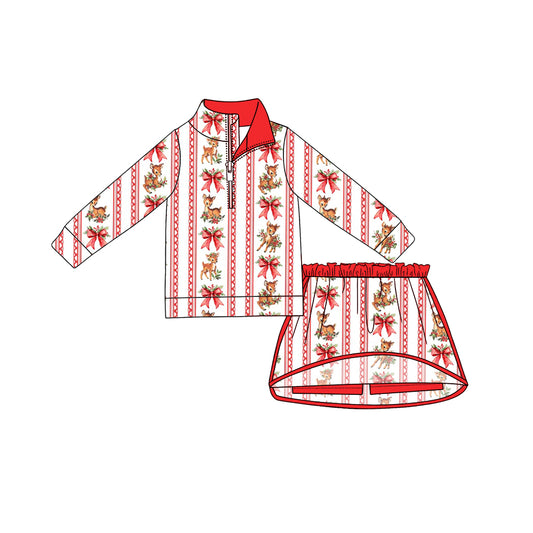 Preorder moq 5 Baby Girls Deer Bows Stripe Zip Pullovers Skirt Short Christmas Clothes Set