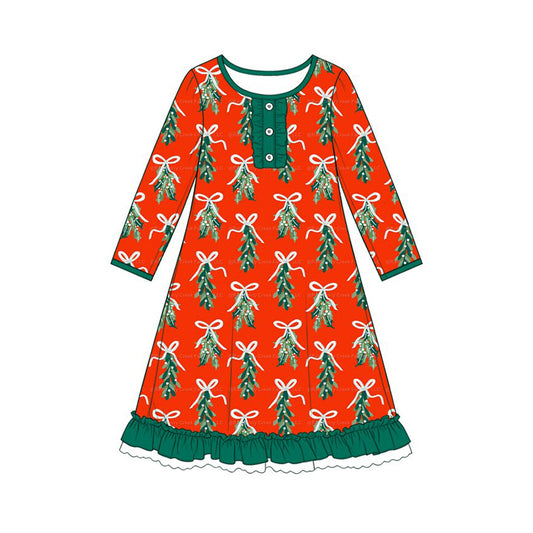 Preorder moq 5 Baby Girls Bows Trees Christmas Button Ruffle Knee Length Dress