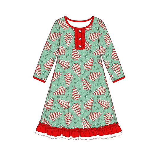 Preorder moq 5 Baby Girls Snowflakes Stripe Trees Christmas Button Ruffle Knee Length Dress