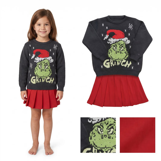 Baby Girls Christmas Black Frog Woolen Sweaters Top Yoga Active Red Pleated Skirt Short Clothes Set