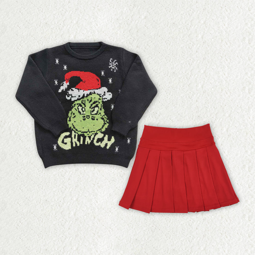 Sibling Baby Girls Christmas Frog Woolen Sweaters Top Yoga Active Pleated Skirt Short Clothes Set