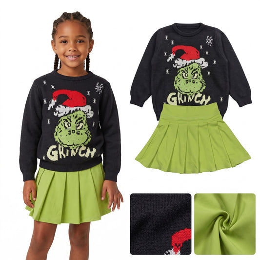 Baby Girls Christmas Black Frog Woolen Sweaters Top Yoga Active Green Pleated Skirt Short Clothes Set