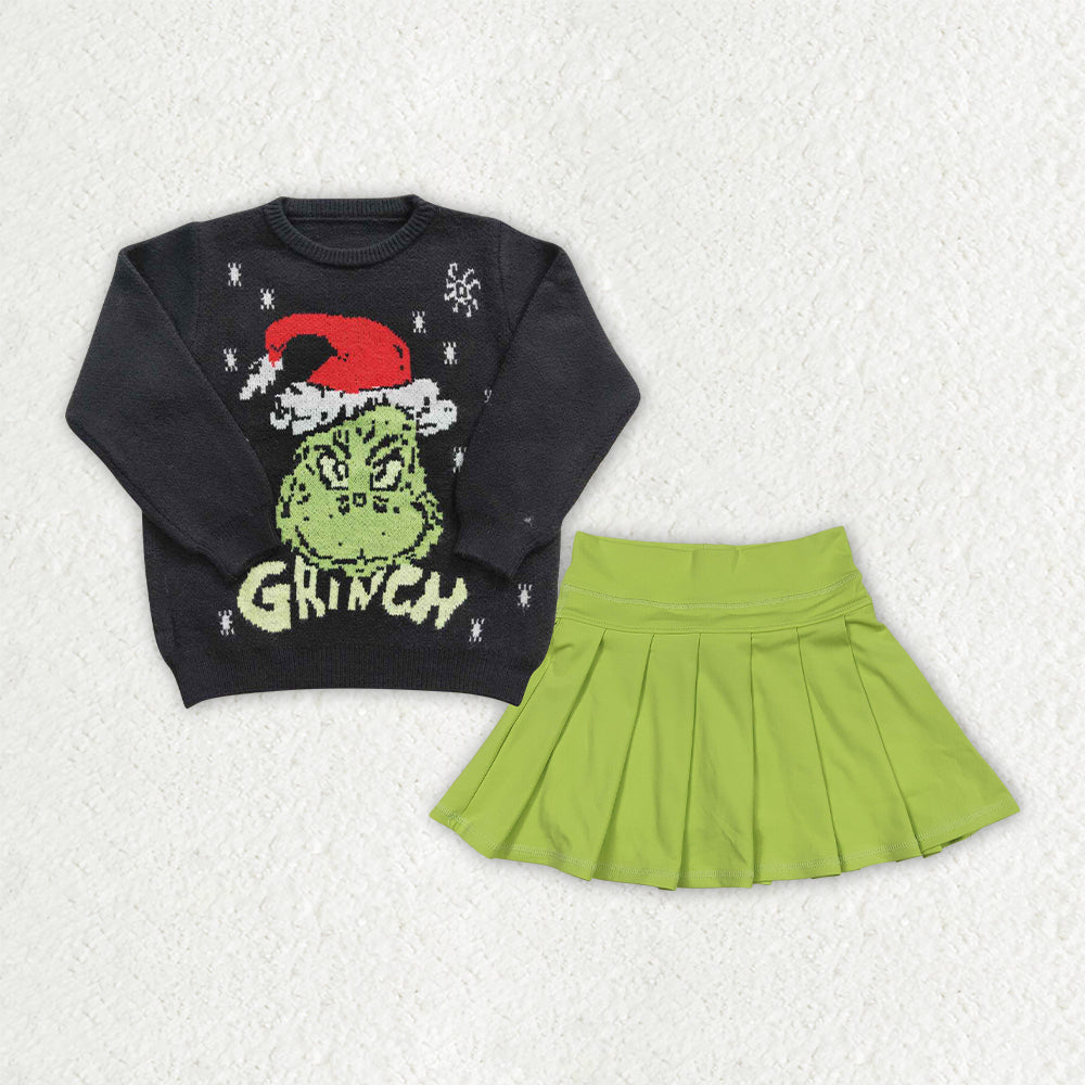 Sibling Baby Girls Christmas Frog Woolen Sweaters Top Yoga Active Pleated Skirt Short Clothes Set