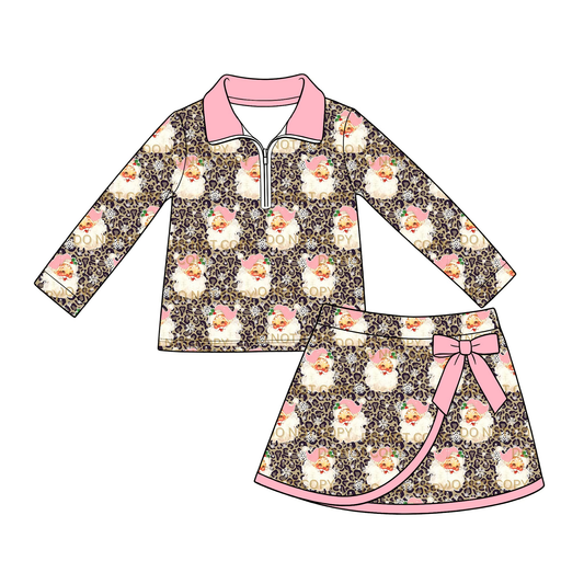 Preorder moq 5 Baby Girls Leopard Santa Zip Pullover Bow Skirt Short Christmas Clothes Sets