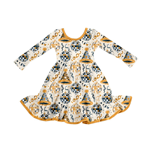 Preorder moq 5 Baby Girls Stars Lights Happy New Year Ruffle Knee Length Dress
