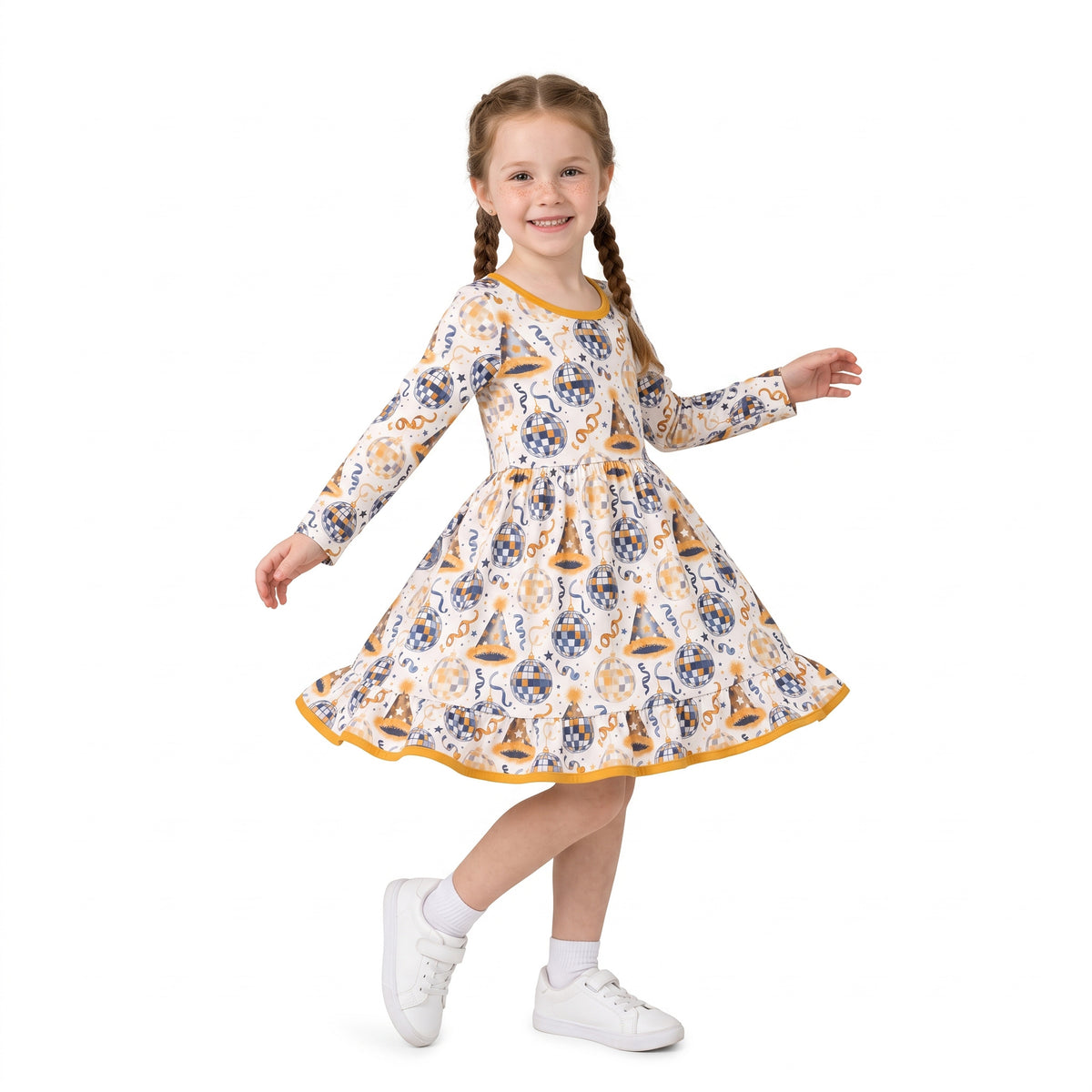 Baby Girls Stars Lights Happy New Year Ruffle Knee Length Dress