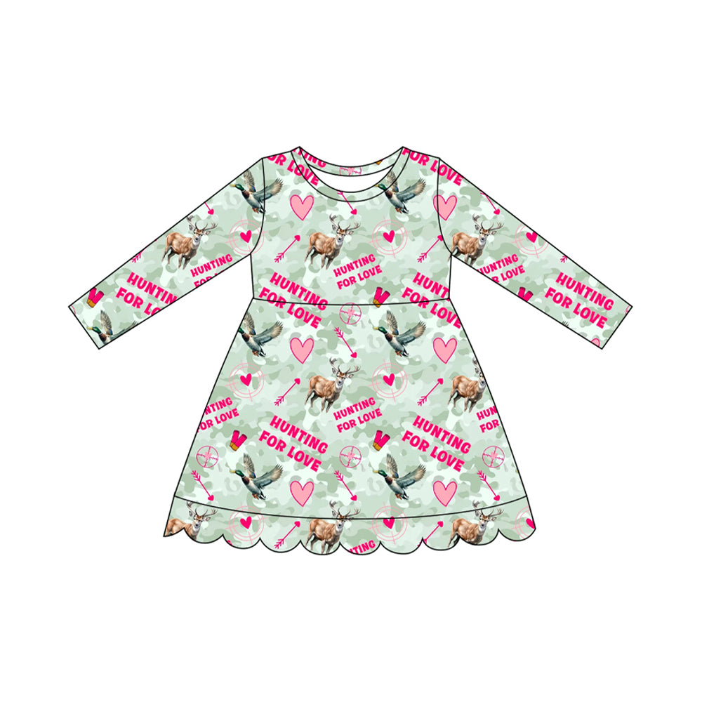 Preorder moq 5 Baby Girls Deer Ducks Hearts Hunting Scallop Knee Length Dress