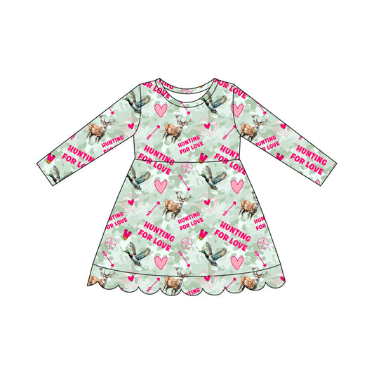 Preorder moq 5 Baby Girls Deer Ducks Hearts Hunting Scallop Knee Length Dress