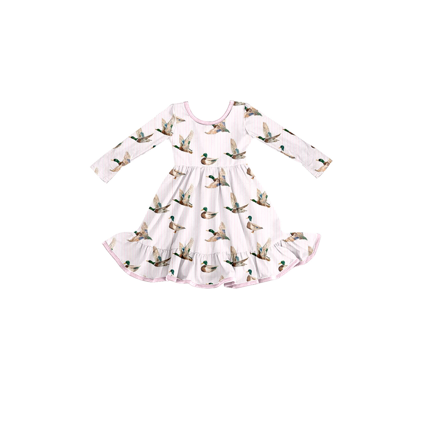 Preorder moq 5 Baby Girls Pink Stripe Ducks Hunting Ruffle Knee Length Dress