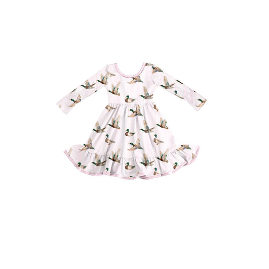 Preorder moq 5 Baby Girls Pink Stripe Ducks Hunting Ruffle Knee Length Dress
