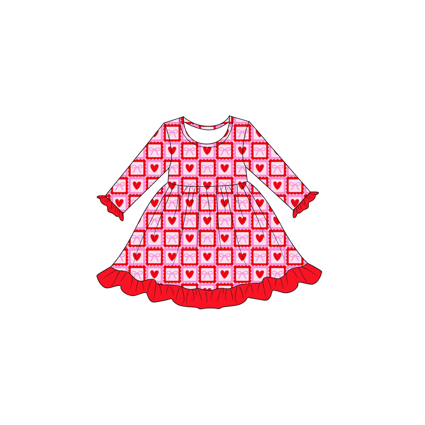 Preorder moq 5 Baby Girls Hearts Bows Checked Valentine Ruffle Knee Length Dress
