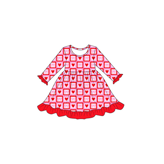 Preorder moq 5 Baby Girls Hearts Bows Checked Valentine Ruffle Knee Length Dress
