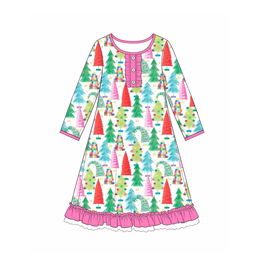 Preorder moq 5 Baby Girls Colorful Trees Christmas Button Ruffle Knee Length Dress