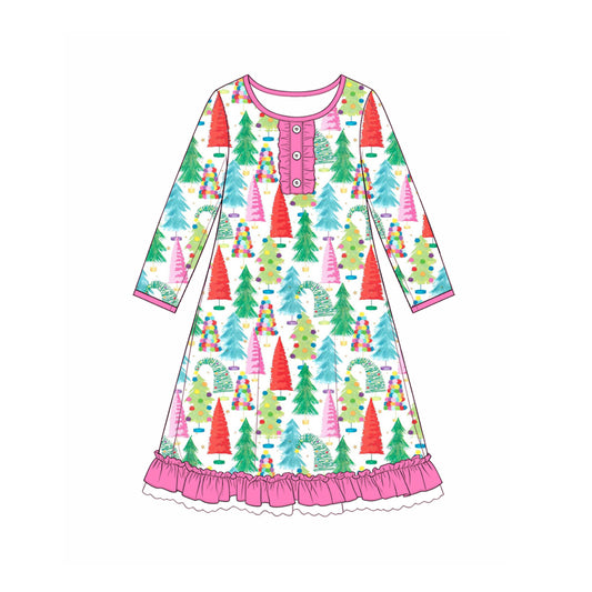 Preorder moq 5 Baby Girls Colorful Trees Christmas Button Ruffle Knee Length Dress