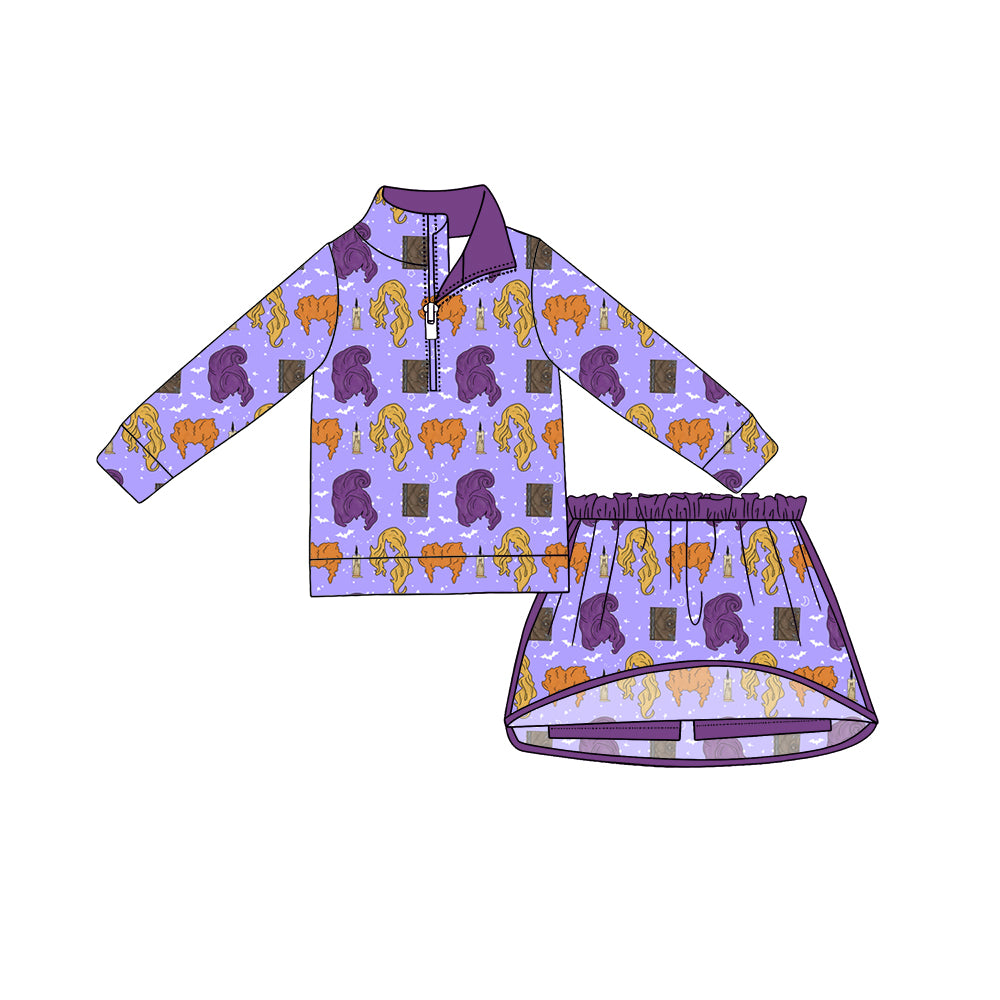 Preorder moq 5 Baby Girls Cartoon Hairs Bats Zip Pullover Skirt Short Halloween Clothes Set