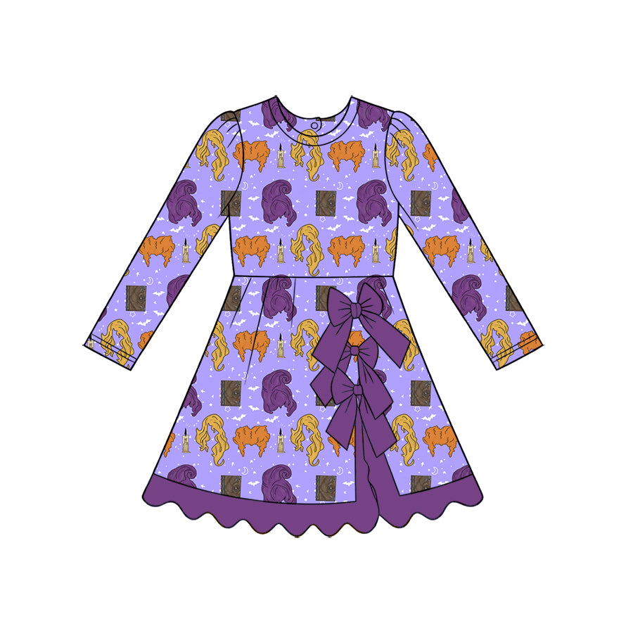 Preorder moq 5 Baby Girls Cartoon Hairs Bats Halloweens Yoga Active Short Bows Scallop Knee Length Dress