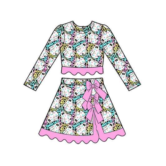 Preorder moq 5 Baby Girls Leopard Ghosts Halloweens Top Bows Skirt Short Scallop Clothes Set