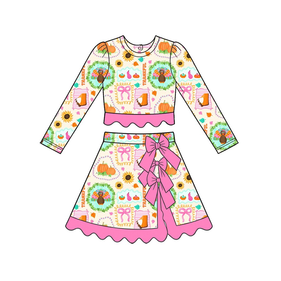 Preorder moq 5 Baby Girls Turkey Pumpkins Thanksgivings Top Bows Skirt Short Scallop Clothes Set