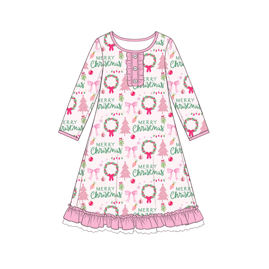 Preorder moq 5 Baby Girls Holly Trees Button Christmas Ruffle Knee Length Dress