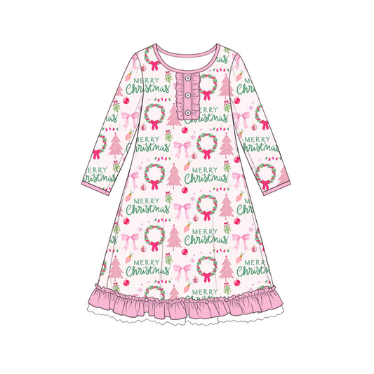 Preorder moq 5 Baby Girls Holly Trees Button Christmas Ruffle Knee Length Dress