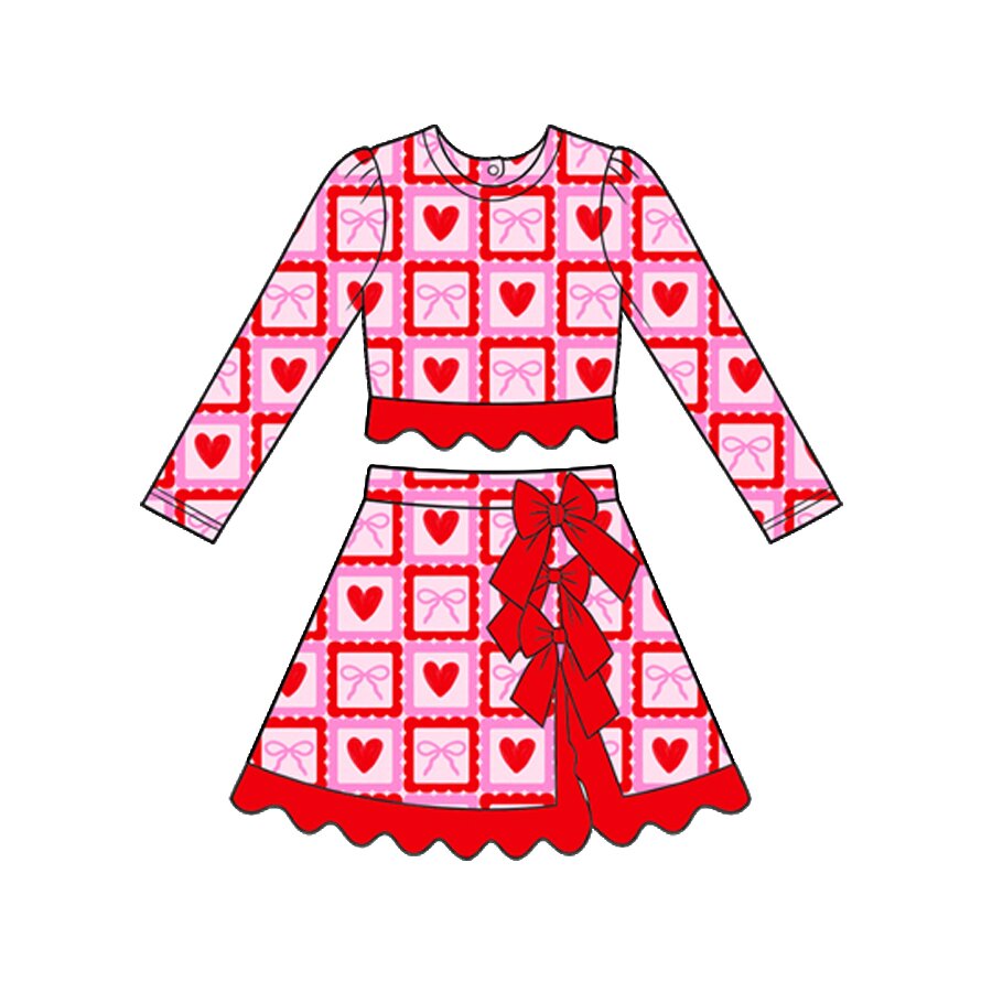 Preorder moq 5 Baby Girls Hearts Bows Valentines Top Bows Skirt Short Scallop Clothes Set