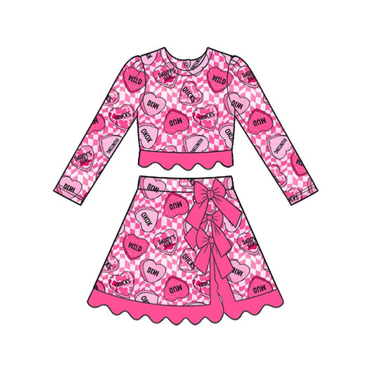 Preorder moq 5 Baby Girls XOXO Hearts Valentines Top Bows Skirt Short Scallop Clothes Set