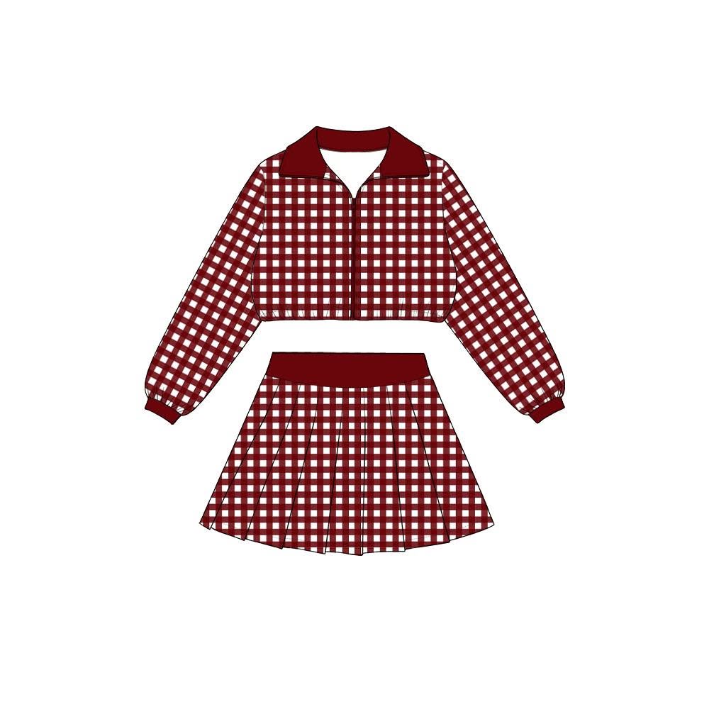 Preorder moq 5 Baby Girls Maroon Checked Zip Jacket Top Skirt Short Yoga Active Clothes Set