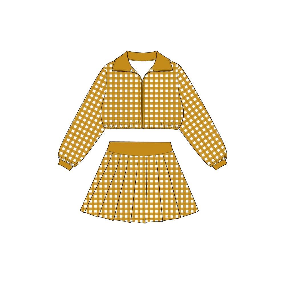 Preorder moq 5 Baby Girls Gold Checked Zip Jacket Top Skirt Short Yoga Active Clothes Set