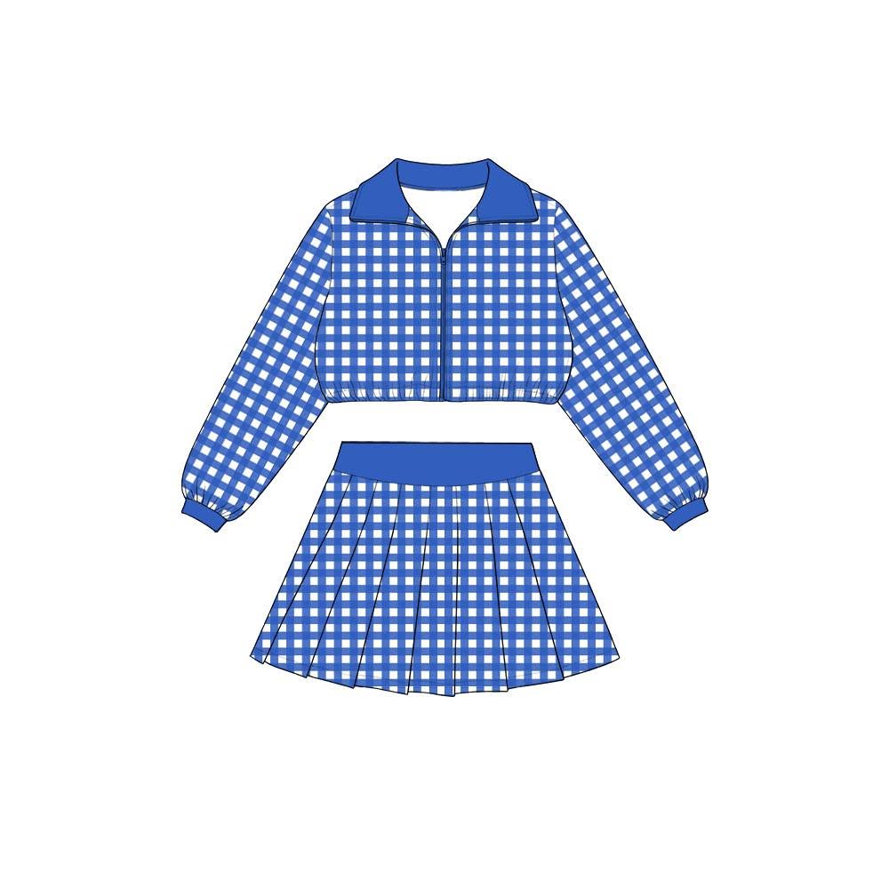 Preorder moq 5 Baby Girls Blue Checked Zip Jacket Top Skirt Short Yoga Active Clothes Set