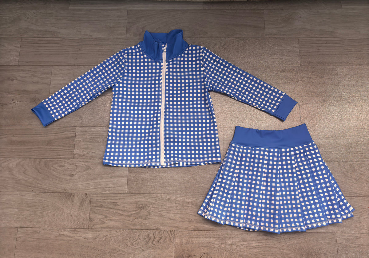 Baby Girls Blue Checked Zip Jacket Top Skirt Short Yoga Active Clothes Set Preorder