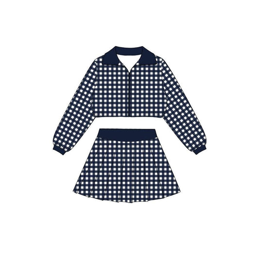 Preorder moq 5 Baby Girls Navy Checked Zip Jacket Top Skirt Short Yoga Active Clothes Set
