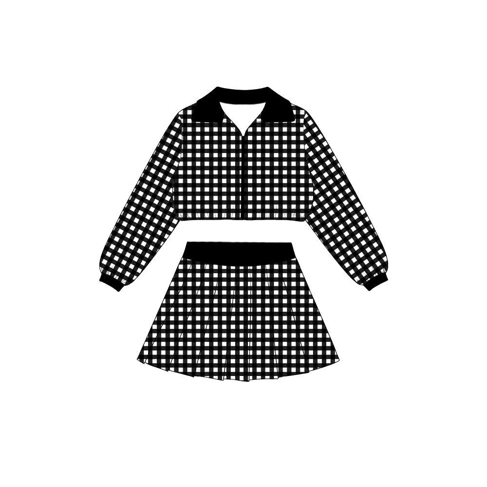 Preorder moq 5 Baby Girls Black Checked Zip Jacket Top Skirt Short Yoga Active Clothes Set