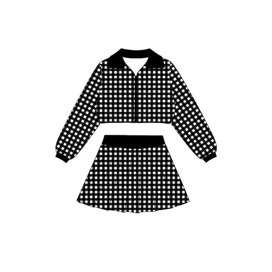 Preorder moq 5 Baby Girls Black Checked Zip Jacket Top Skirt Short Yoga Active Clothes Set