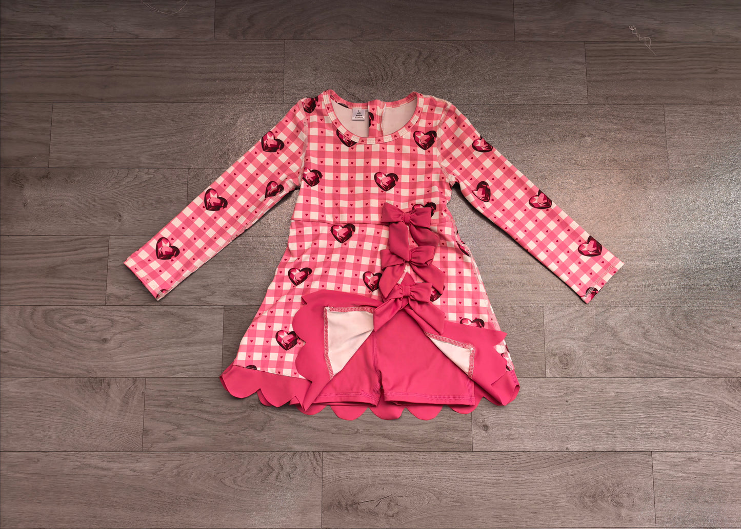 Baby Girls Hearts Valentines Yoga Active Short Bows Scallop Knee Length Dress Preorder
