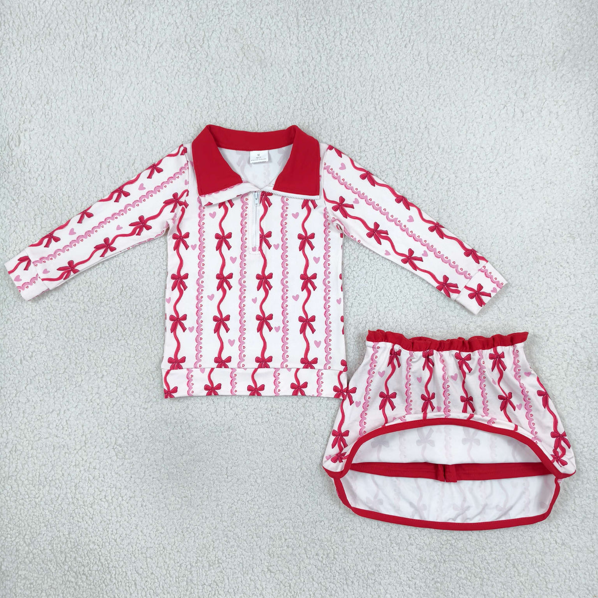 Baby Girls Bows Hearts Zip Pullover Skirt Short Valentines Clothes Set