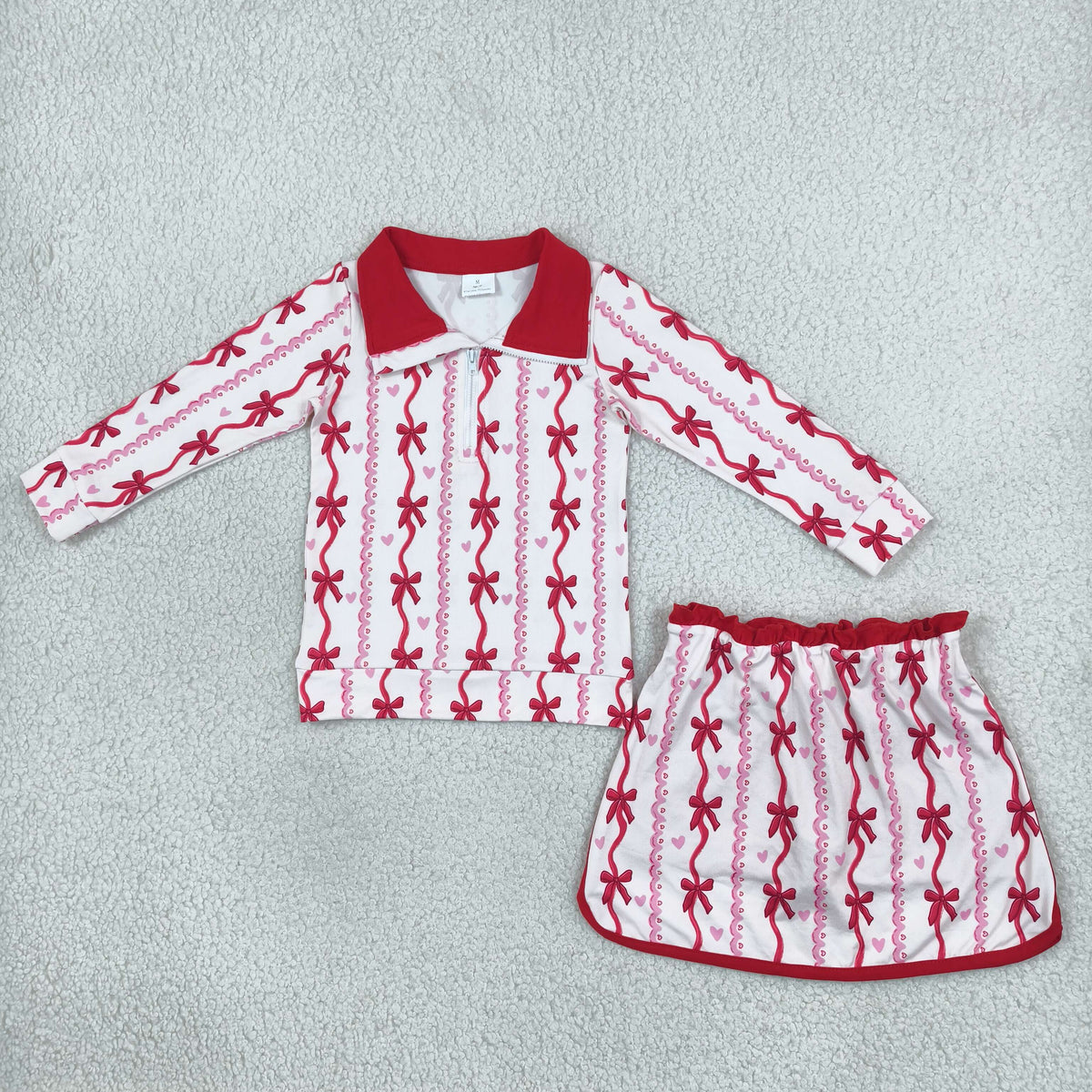 Baby Girls Bows Hearts Zip Pullover Skirt Short Valentines Clothes Set