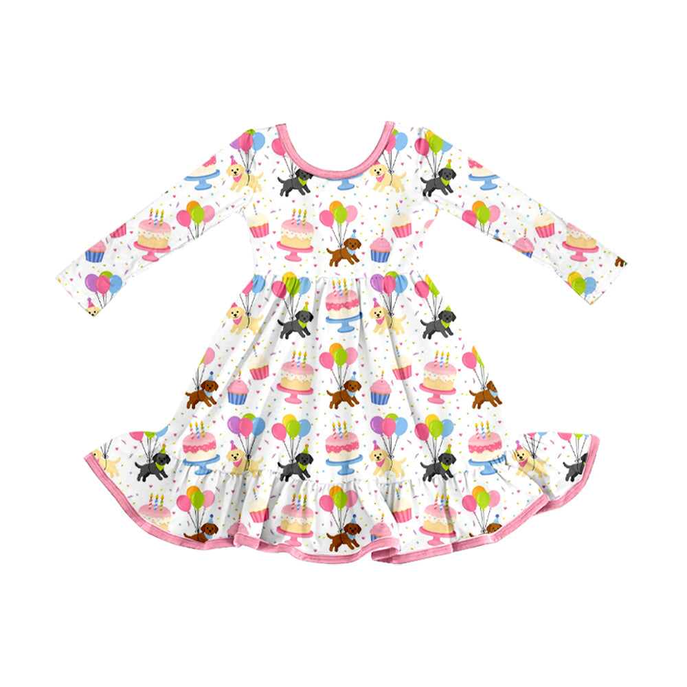 Preorder moq 5 Baby Girls Dogs Balloons Cakes Happy Birthday Ruffle Knee Length Dress