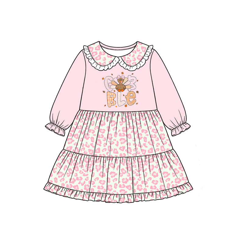 Preorder moq 5 Baby Girls Turkey Leopard Thanksgivings Collar Knee Length Dress