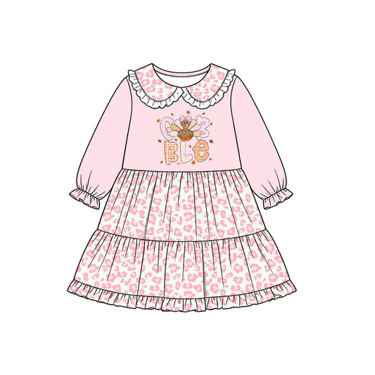 Preorder moq 5 Baby Girls Turkey Leopard Thanksgivings Collar Knee Length Dress
