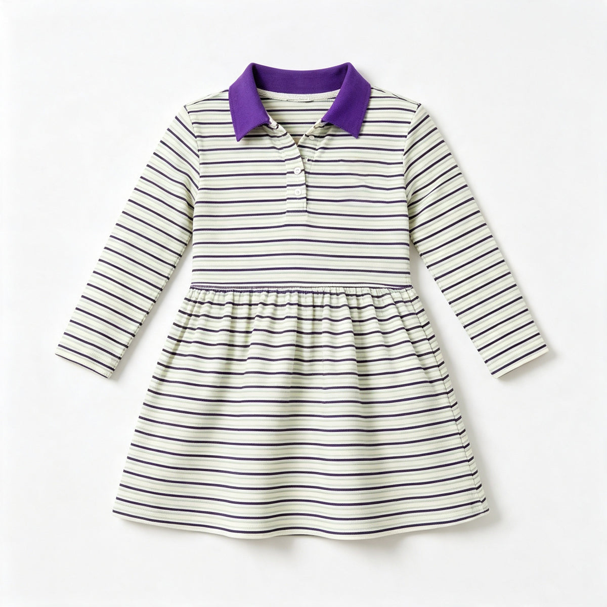 Preorder moq 5 Baby Girls Long Sleeve Stripe Mardigras Button Knee Length Dress