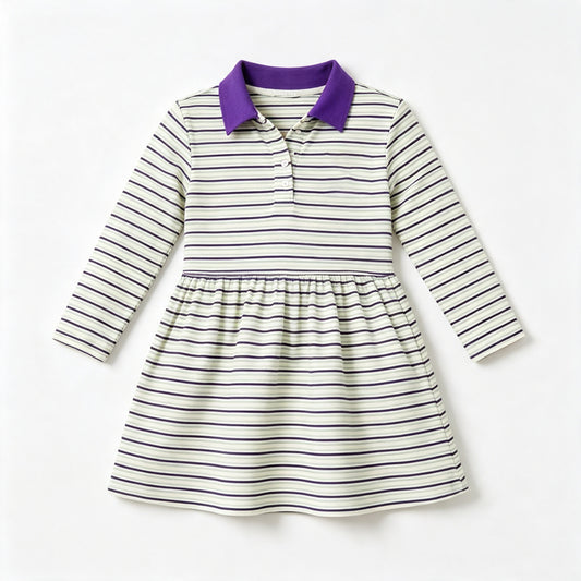 Preorder moq 5 Baby Girls Long Sleeve Stripe Mardigras Button Knee Length Dress