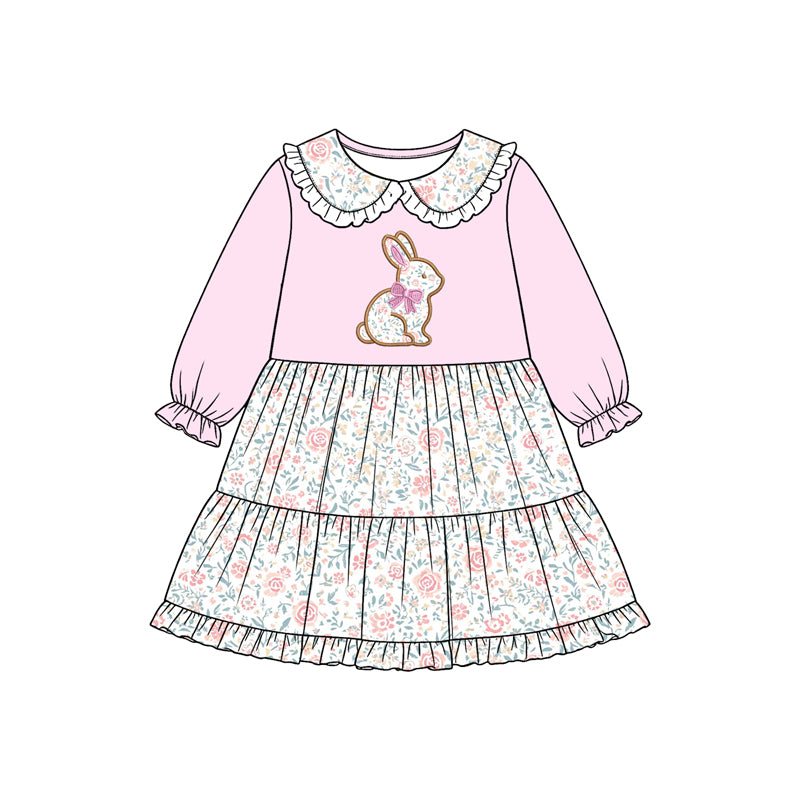 Preorder moq 5 Baby Girls Flowers Rabbit Easter Collar Knee Length Dress