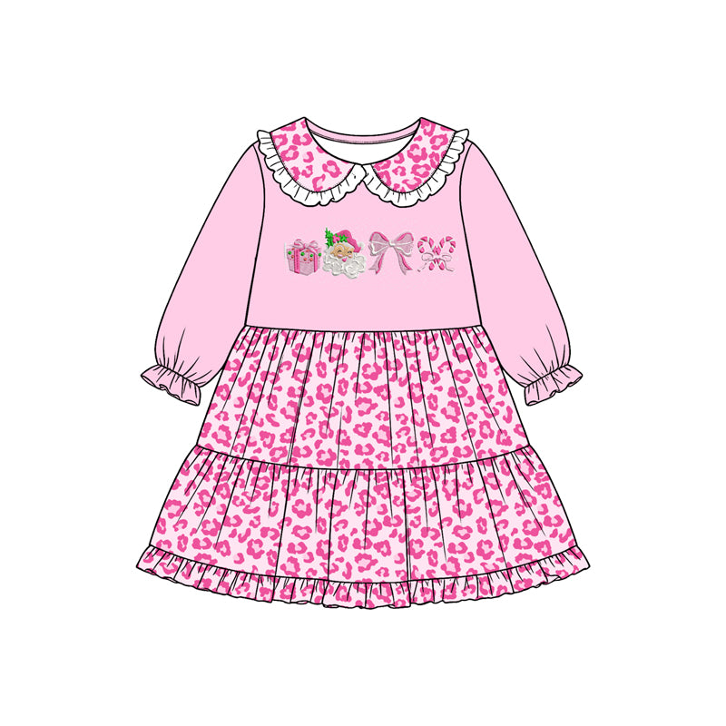 Preorder moq 5 Baby Girls Leopard Santa Candy Cane Christmas Collar Knee Length Dress