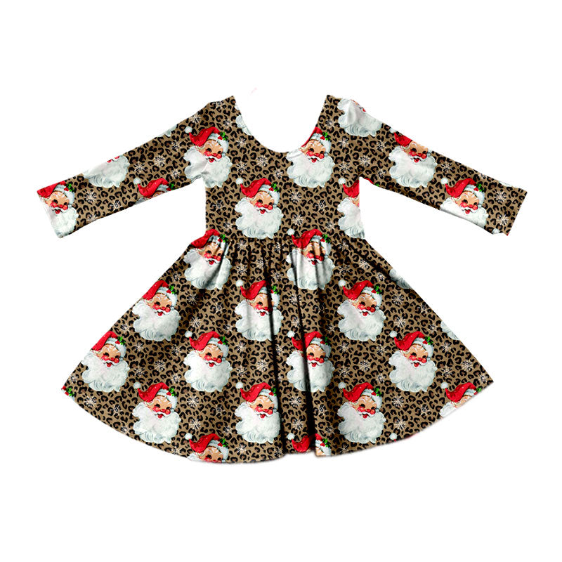 Preorder moq 5 Baby Girls Long Sleeve Leopard Santa Christmas Knee Length Dress