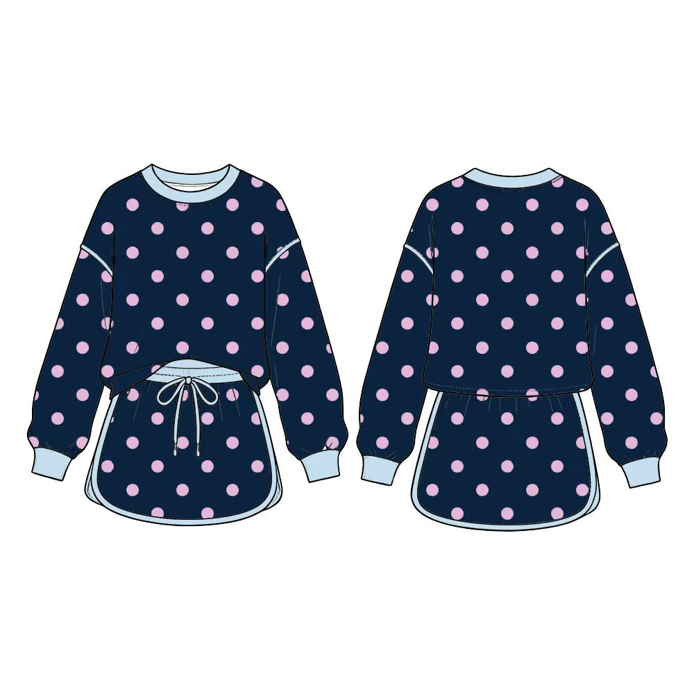 Preorder moq 5 Baby Girls Navy Polka Dots Long Sleeve Top Skirt Short Clothes Set