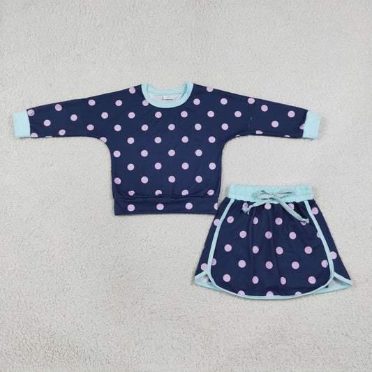 Baby Girls Navy Polka Dots Long Sleeve Shirt Top Skirt Short Clothes Set